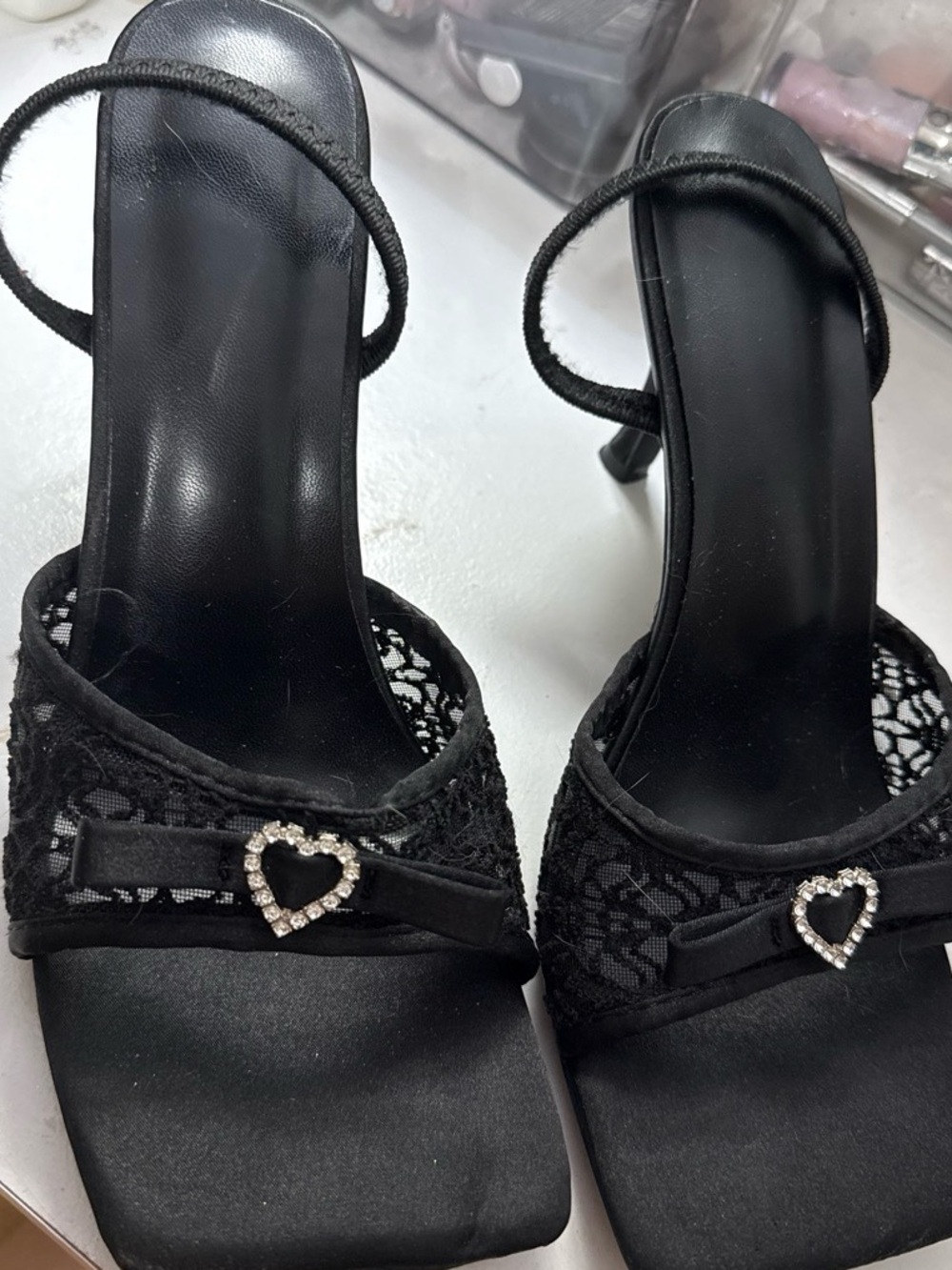 Women's Black Lace Heeled Sandals with Crystal Heart Accent